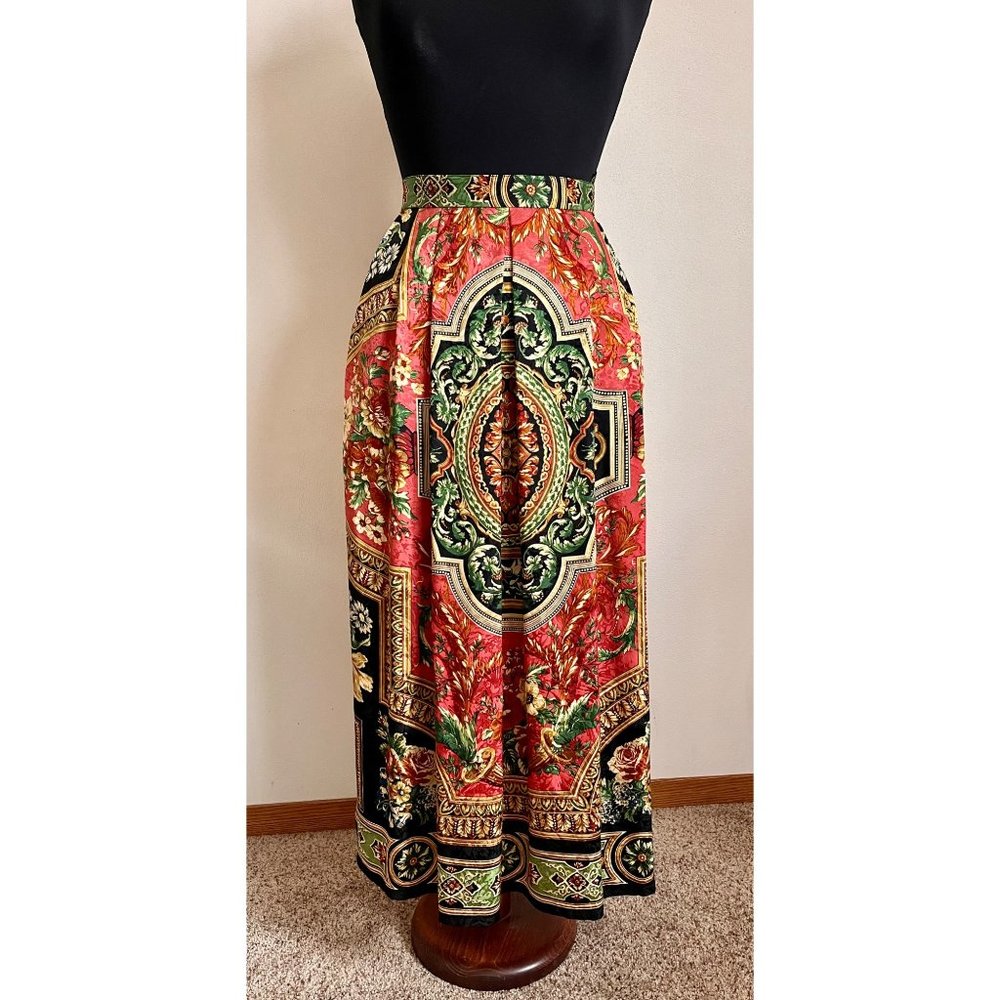 Vintage Jerri Sherman Boho Printed Pattern Silk Midi or Maxi Skirt Size 14